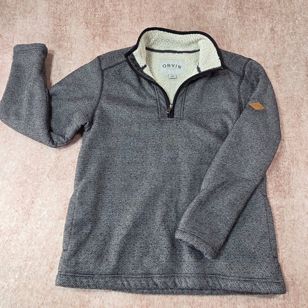 Orvis Mens Gray Sherpa Lined Quarter Zip Pullover Sweater Fleece Jacket Medium